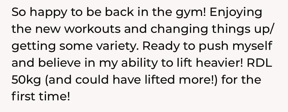 Client message about enjoying new workouts and lifting heavier