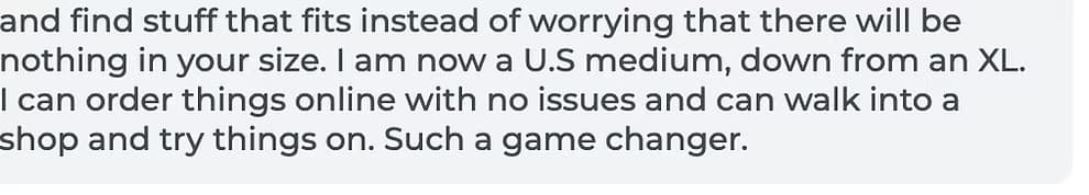 Client message about finding clothes that fit and feeling confident