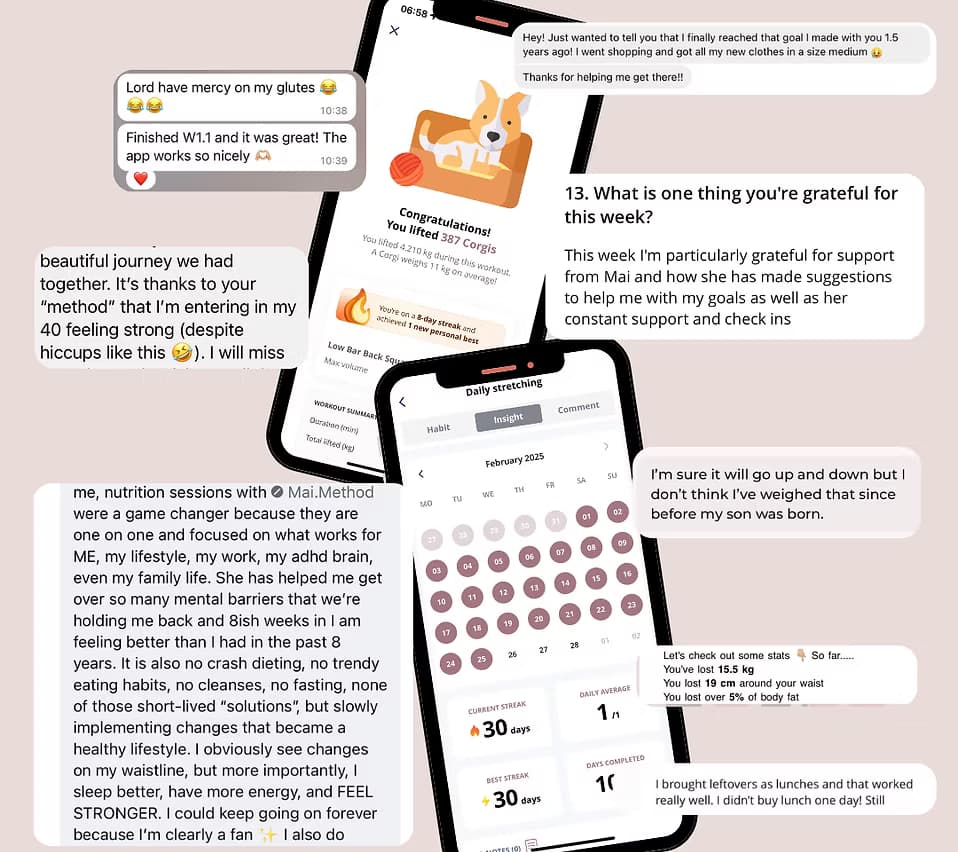 Mai Method app screenshots showing streaks, stats, and gratitude messages